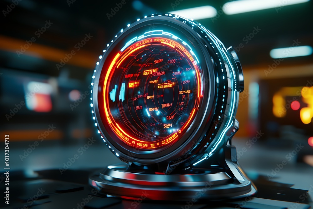 Poster Futuristic depiction of a business analyzing customer lifetime value using AI-powered holographic charts, with real-time data updates and predictions