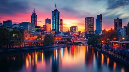 Fototapeta premium Urban skyline at dusk with a motivational quote, highlighting ambition and progress in a modern world.