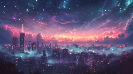 Fototapeta premium Dreamy Night Sky Filled with Twinkling Stars and Soft Pastel Clouds Drifting Over a Vintage Cityscape Below Giving Off a Magical 80s Glow and Ethereal Atmosphere