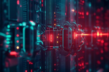 Obraz premium Visual of a secure server connection, with encryption locks over network cables and secure data transmissions.