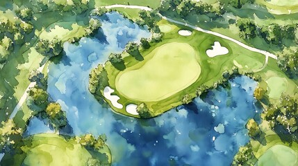 Aerial Watercolor Painting of a Golf Course with Water Feature.