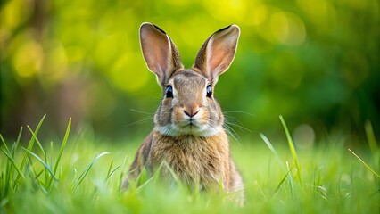 Fototapeta premium A Curious Rabbit Peeking Through Lush Green Grass, Its Big Ears and Dark Eyes Suggesting a Moment of Wonder and Exploration