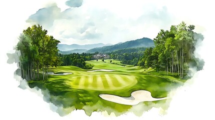 Watercolor Painting of a Beautiful Golf Course with Lush Green Grass and a Clubhouse in the Distance.