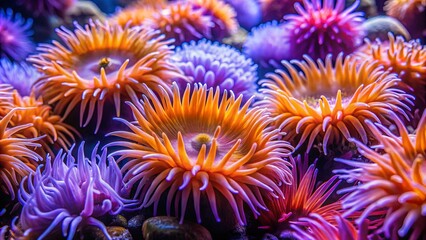 Obraz premium A vibrant coral reef with anemones in hues of purple and orange, a display of nature's intricate beauty