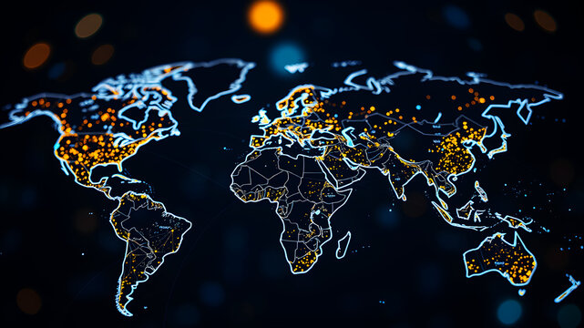A world map with illuminated nodes and connecting lines, showcasing the global reach and connectivity of digital businesses