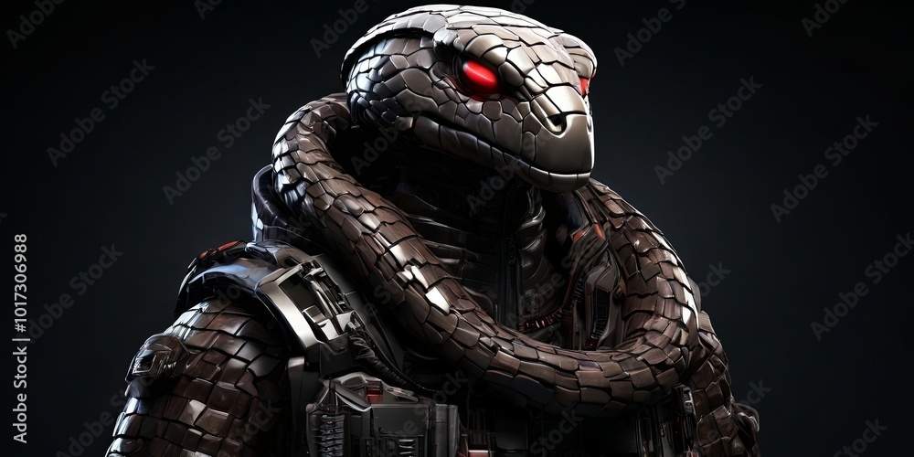 Poster a snake-like robot with a red head and a black suit