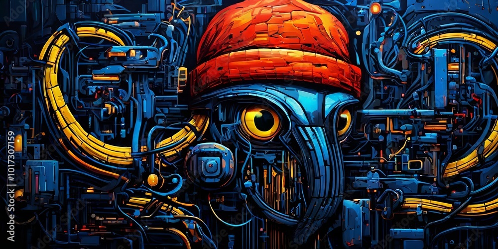 Poster a blue and red painting of a robot with a red hat on its head