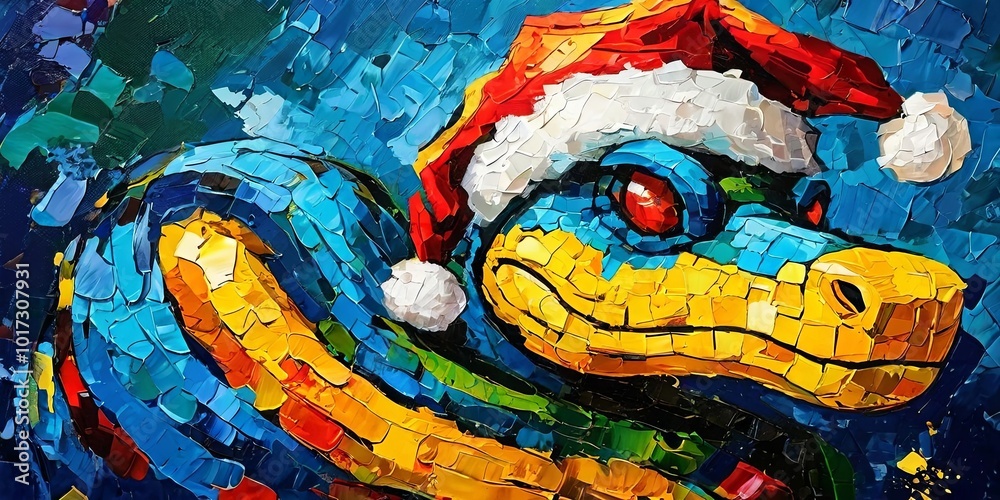 Poster a colorful snake with a red hat on its head