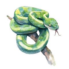 Watercolor illustration of a green snake wrapped around a branch.