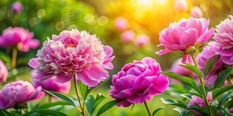 Obraz premium Delicate Pink Peonies Bask in Warm Sunlight, Their Petals Unfurling in a Garden of Lush Green Foliage