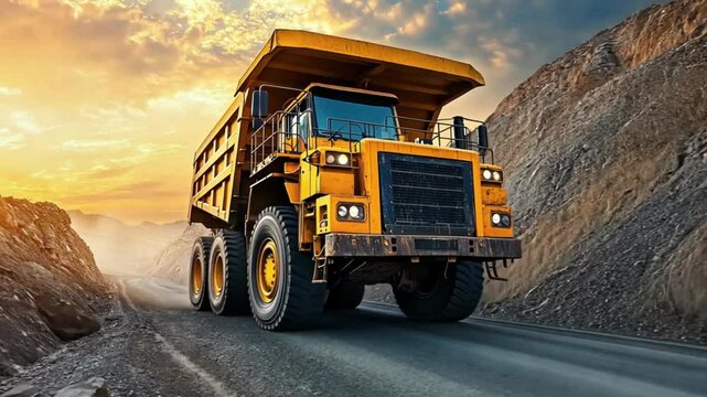 A large yellow dump truck drives along a dirt road with a mountainous backdrop under a dramatic sunset sky.