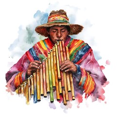 Andean Man Playing Traditional Panpipes in Watercolor Illustration.