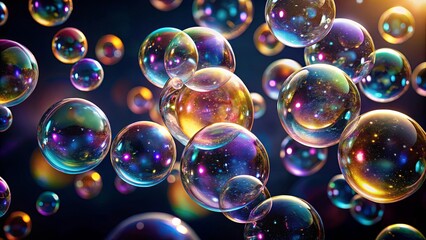 A symphony of iridescent bubbles filled with cosmic dust and stardust, floating in a dark abyss, capturing the essence of a universe within each sphere.