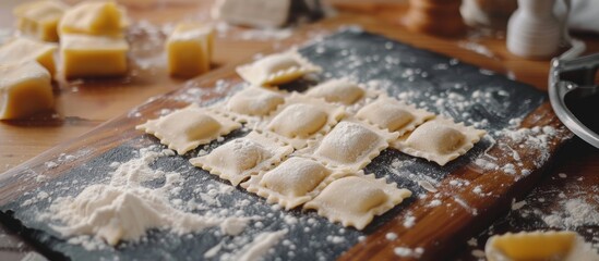 Ravioli Creation Process with Pastry Cutter Flour and Filling on a Black Stone Board