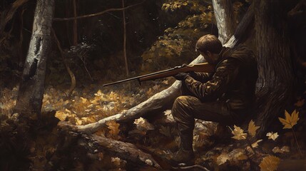 Fototapeta premium Hunter in the Woods: A Moment of Focus and Tranquility