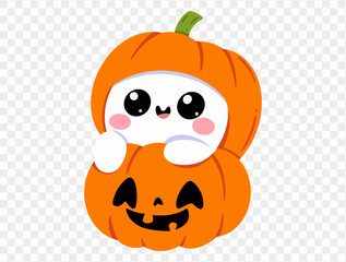 Happy cute smiling ghost  wear Halloween pumpkin helmet isolated on png or transparent background,Halloween party banner, blank space for text, element template for poster, brochures. vector
