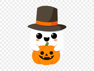 Happy cute smiling white ghost  wear long hat hug Halloween pumpkin isolated on png or transparent background,Halloween party banner, blank space for text, element template for poster, brochures. vect