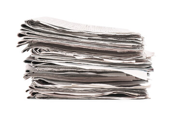 Stack of many newspapers isolated on white