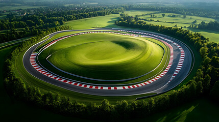 Aerial view of a racing circuit surrounded by lush greenery.