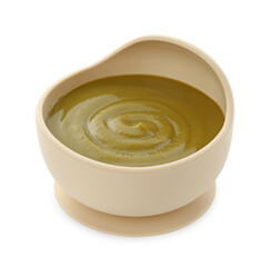 Tasty baby food in bowl isolated on white