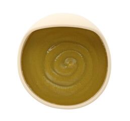 Tasty baby food in bowl isolated on white, top view