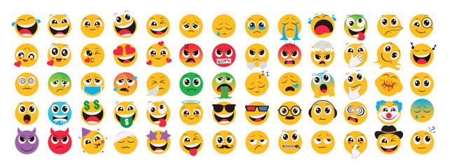 Emoji flat characters vector set. Emojis icon collection in sad, crying, weird, in love, sick and funny facial expressions emoji elements in white isolated background. Vector illustration emoticons 