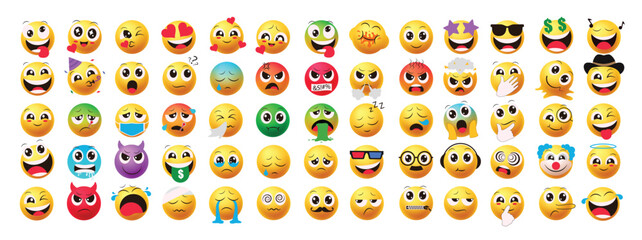 Emoji characters flat vector set. Emoticons naughty, in love, happy, funny, crying, angry, smile, sick and sad feelings facial expression collection elements in isolated background. Vector 