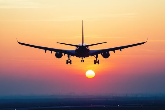 An airplane in flight, silhouetted against the rising sun, soaring into the clear early morning sky on a new adventure
