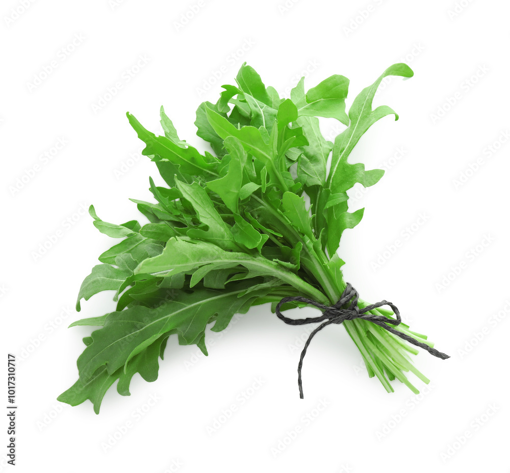 Poster Bunch of fresh arugula leaves isolated on white, top view