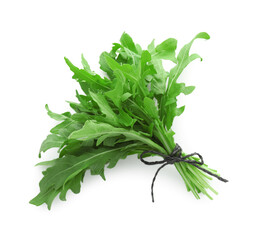 Bunch of fresh arugula leaves isolated on white, top view