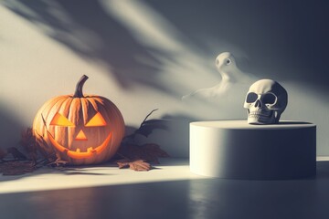 Spooky empty podium for product display with a Halloween vibe, featuring a pumpkin, skull, and ghostly light in the shadows.