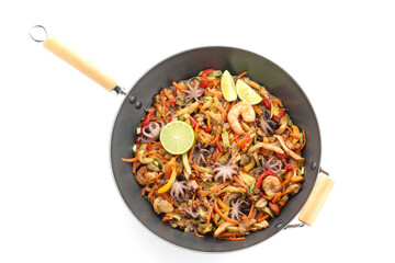 Stir-fry sea food in wok isolated on white, top view