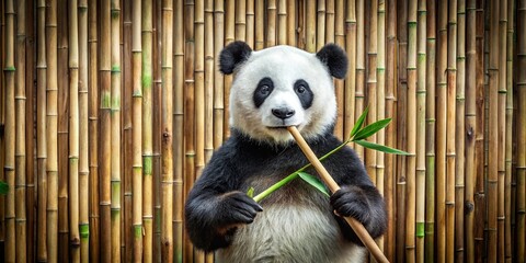 Obraz premium A Giant Panda Enjoys Its Favorite Snack, A Piece of Bamboo, While Standing Before A Wall Of Bamboo Stalks