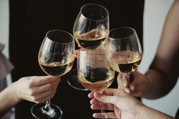 People clinking glasses of wine indoors, closeup