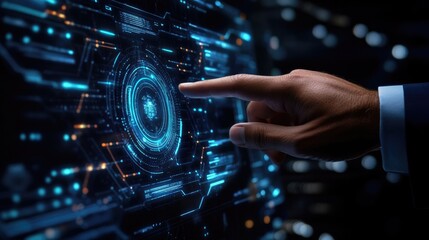 A businessman’s hand engaging with a futuristic digital screen, with a virtual background showcasing AI, business technology, and innovation in the professional world.