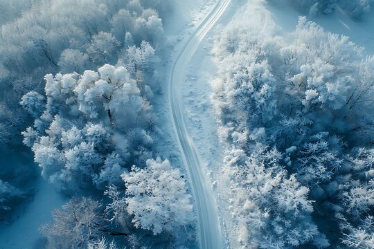 Aerial view of winter road in snowy forest.
