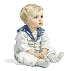 Fototapeta premium Adorable Watercolor Illustration of a Baby Boy in a Sailor Suit.