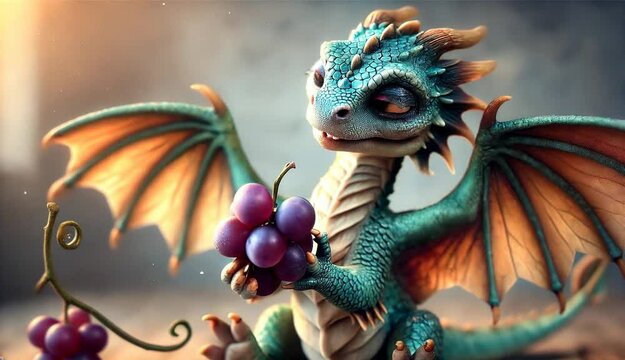 Un peque&ntilde;o drag&oacute;n comiendo uvas