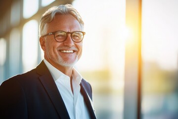 Naklejka premium High-resolution brightly lit photorealistic candid photograph of a happy senior businessman captured in a high-end lifestyle magazine style. The light, bright setting complements his joyful