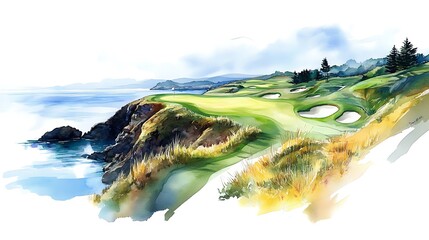 Watercolor Painting of a Coastal Golf Course.