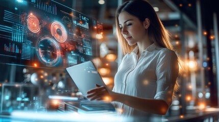 Very realistic and photographic photo of a young professional woman marketer using a laptop and a futuristic holographic display, analyzing data centered on business innovation. Styled like a
