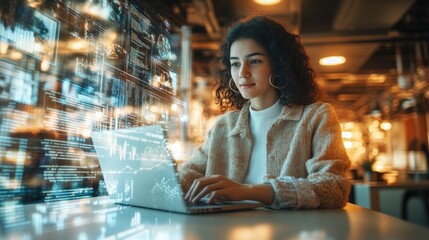 Very realistic and photographic photo of a young marketer using a laptop and surrounded by a holographic display showing complex data related to business innovation. The photograph is styled like a