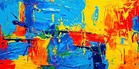 A painting with a blue background and splatters of red, yellow, and green