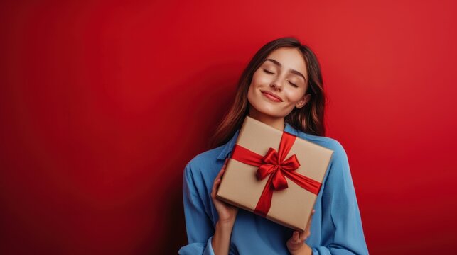 Happy female with gift box in holiday season. - Powered by Adobe