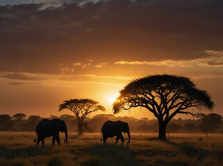 Fototapeta premium elephants at sunset in continent