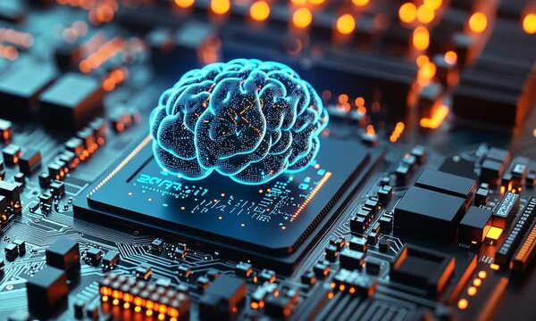 A glowing blue digital brain model sits atop a computer circuit board.