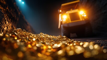 Mining truck collecting gold in dimly lit tunnel, shiny golden nuggets on ground.