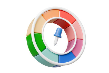 3d Dropper tool color palette guide with color wheel icon on isolated background. Painter tool art design concept. Minimal Swatch tool suck colors pick designer tool use in design program. 3d render.