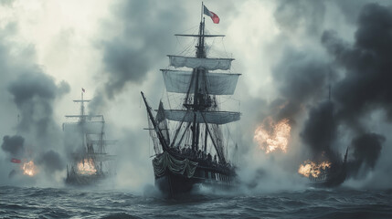 Fototapeta premium Peruvian Naval Resistance, a focused depiction of the Peruvian monitor Hu�scar fighting against Chilean forces, with copy space, Battle of Angamos