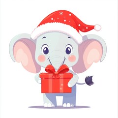 Cute elelphant wearing Christmas cap holding a gift box isolated over white background.
